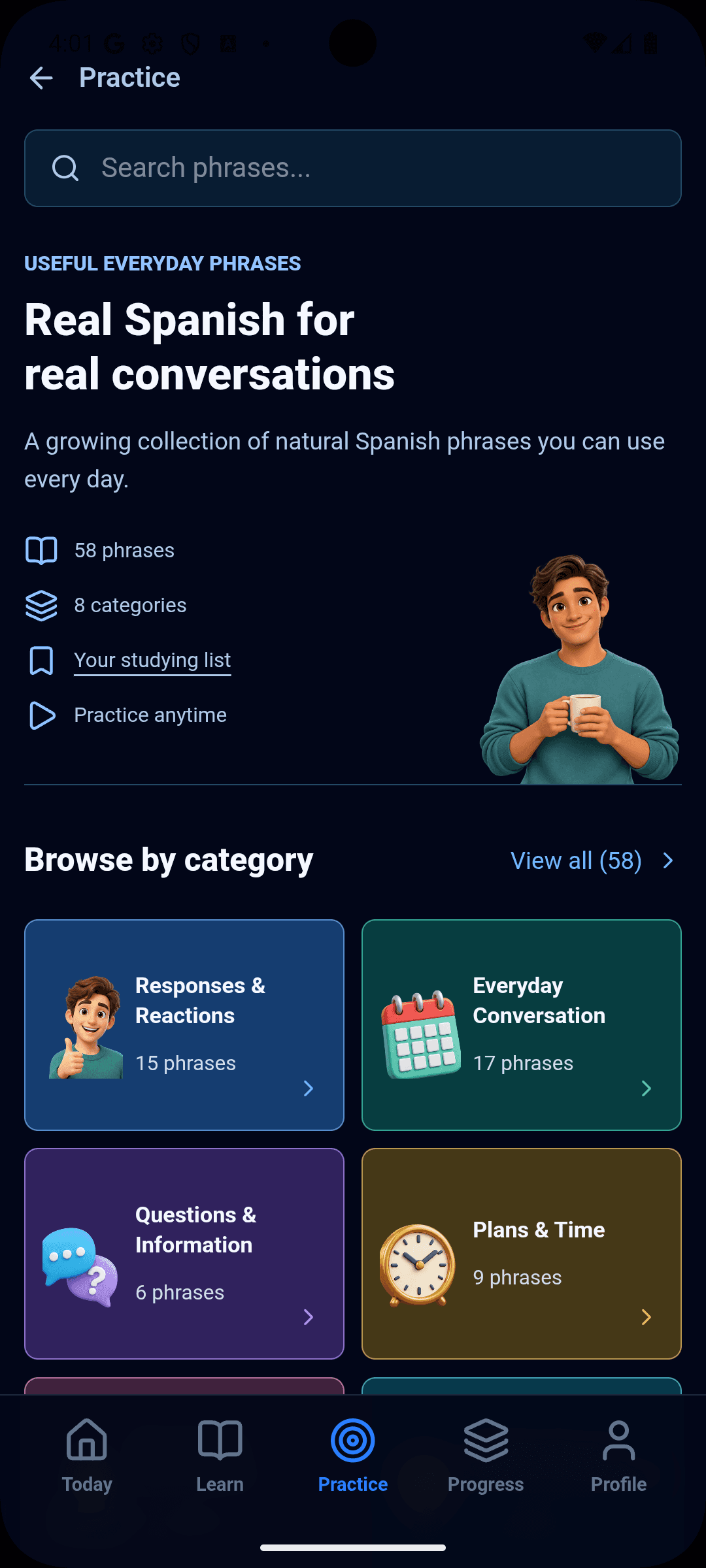 Browse Useful Everyday Phrases by Responses and Reactions, Everyday Conversation, Questions, and Plans and Time.