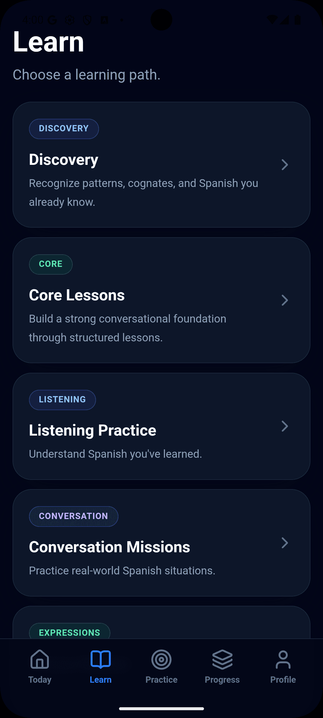 Fraselo Learn: Discovery, Core Lessons, Listening Practice, and Conversation Missions.